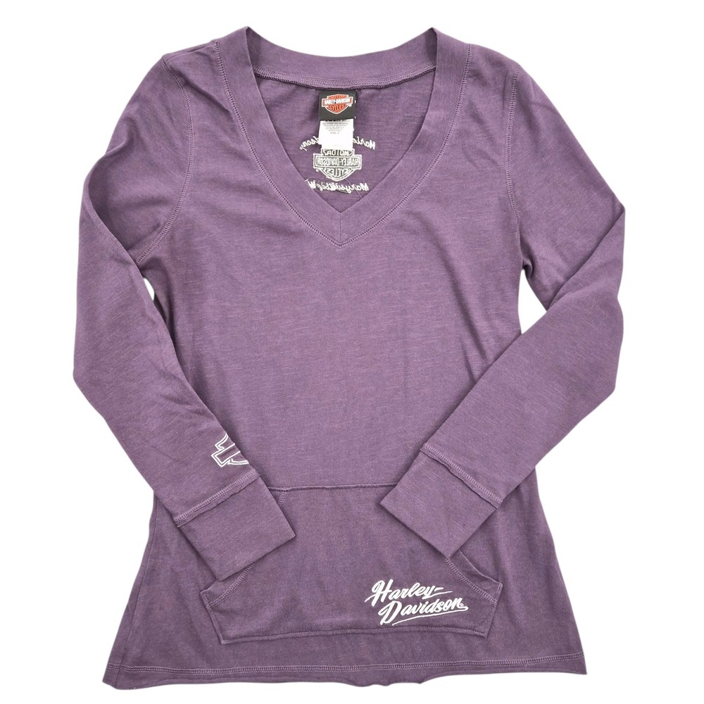 Harley-Davidson Womens Purple V-Neck Long Sleeve Kangaroo Pocket Graphic Top S